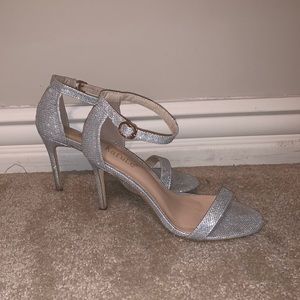 Short, silver, glitter heels with ankle strap